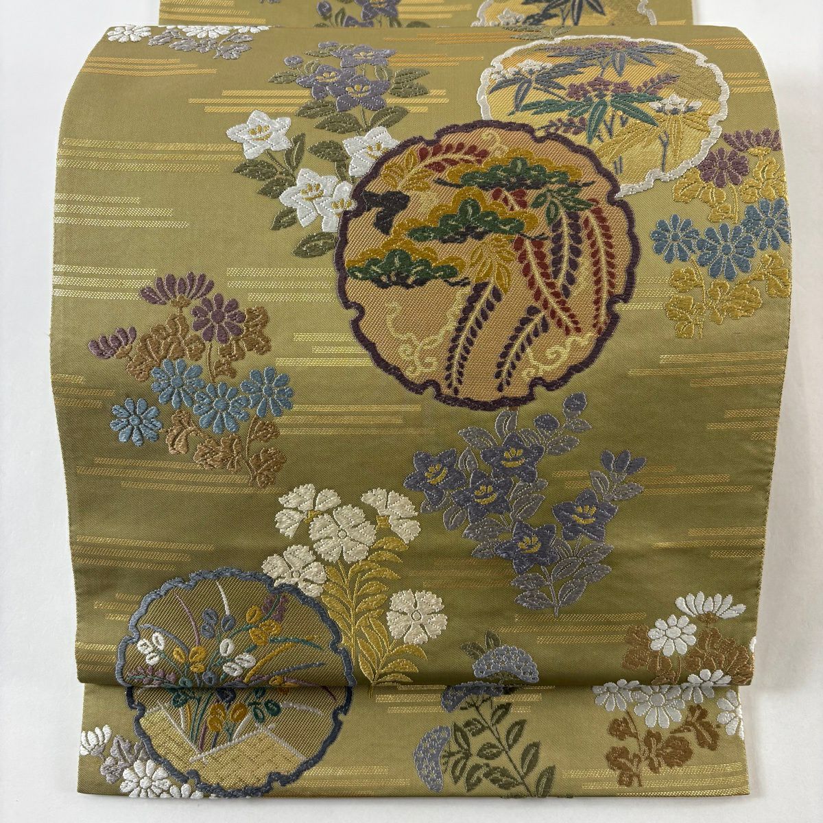 【美品】 袋帶 秀品級 雪輪 草花紋 唐織 金金箔 鶯 深藍 六通 純蠶絲