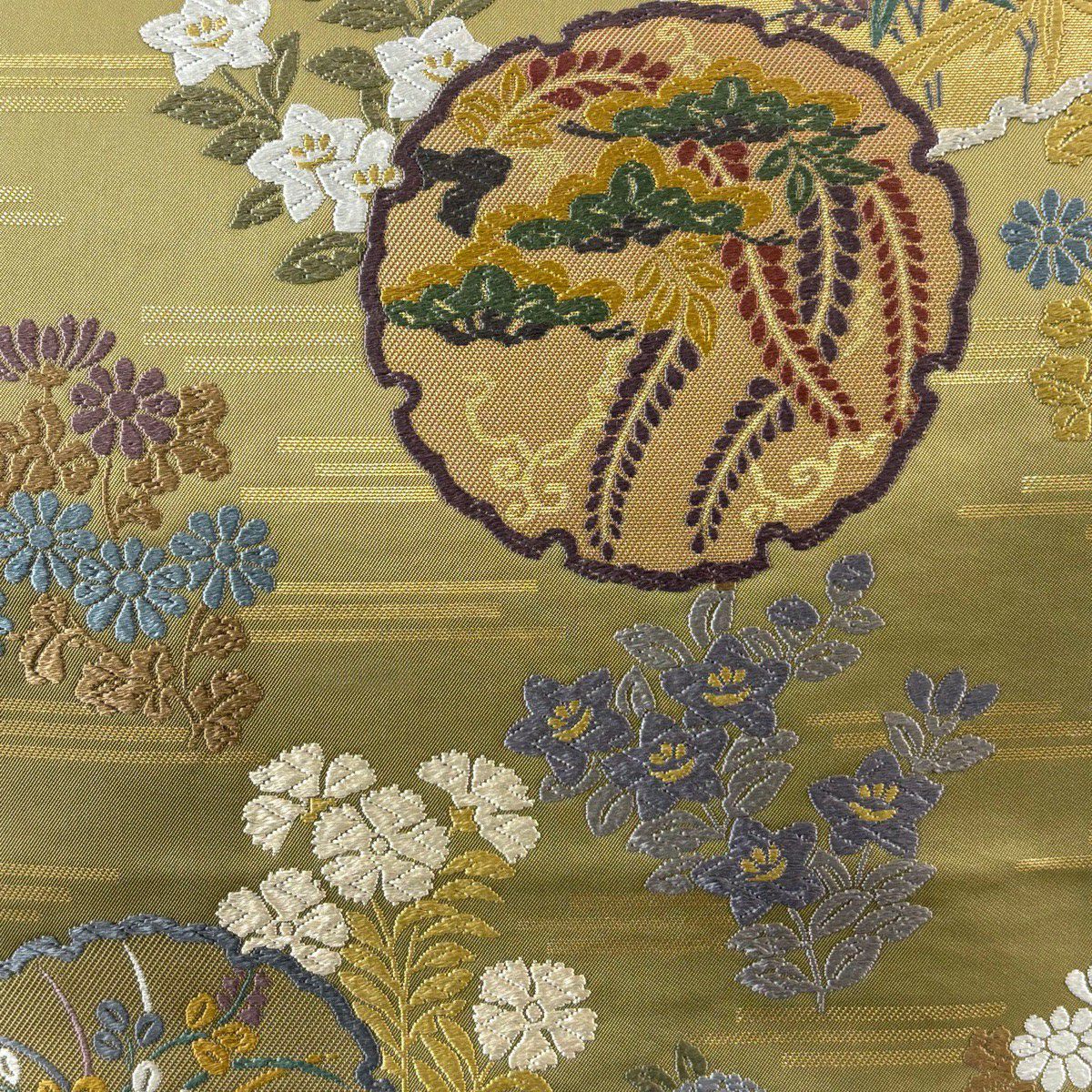 【美品】 袋帶 秀品級 雪輪 草花紋 唐織 金金箔 鶯 深藍 六通 純蠶絲