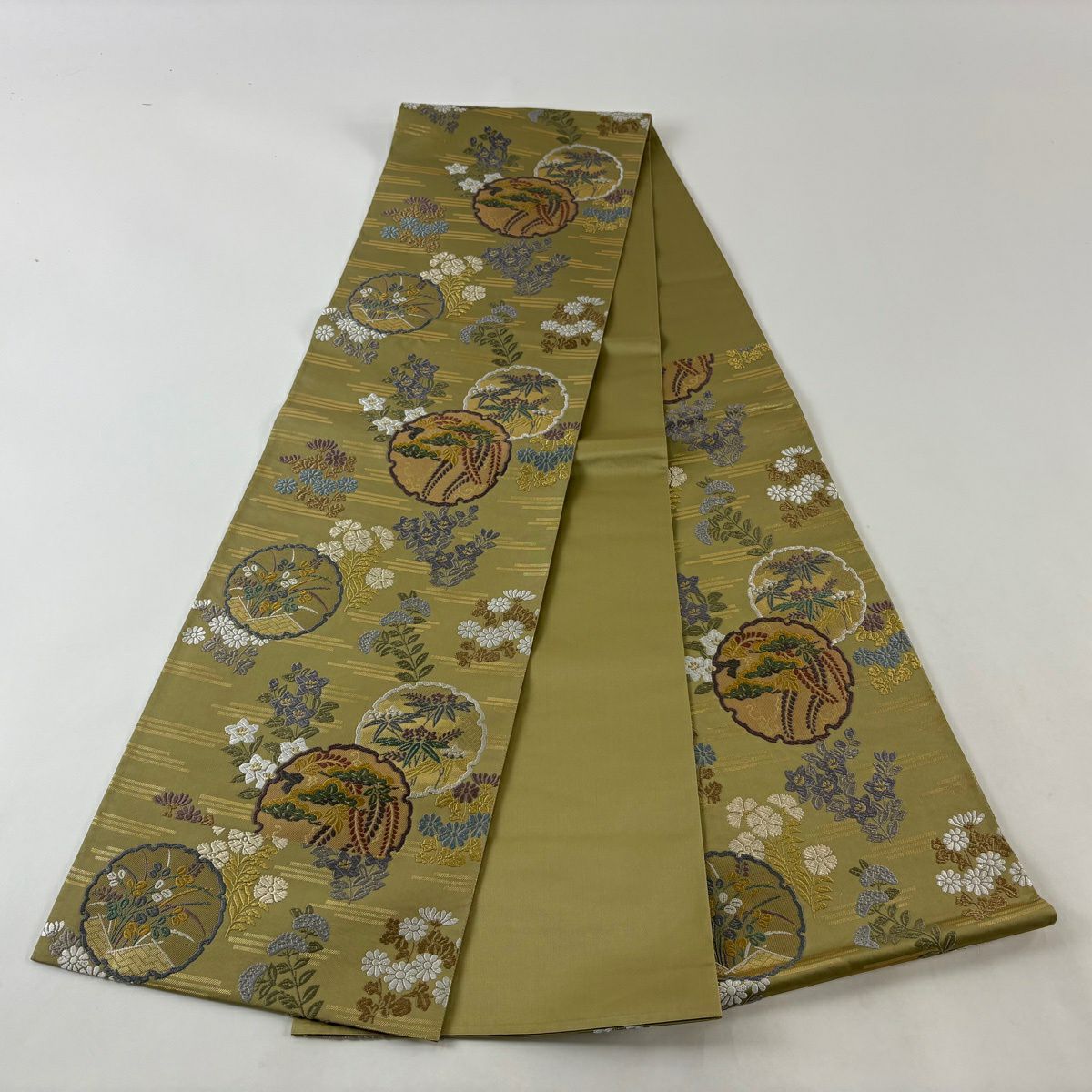 【美品】 袋帶 秀品級 雪輪 草花紋 唐織 金金箔 鶯 深藍 六通 純蠶絲