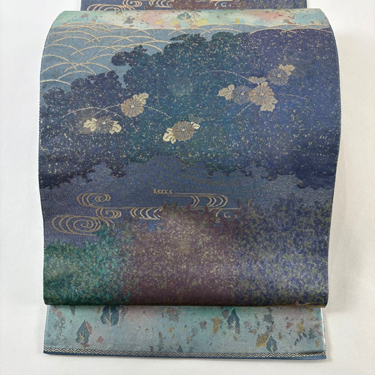 【美品】 袋帶 秀品級 有落款 菊花花 観世水 金金箔 金絲 青紫 六通 純蠶絲