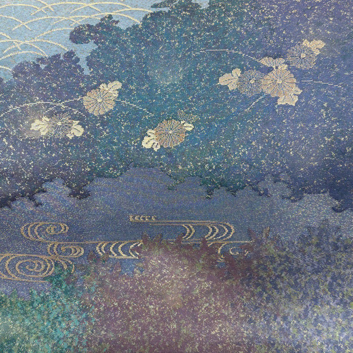 【美品】 袋帶 秀品級 有落款 菊花花 観世水 金金箔 金絲 青紫 六通 純蠶絲