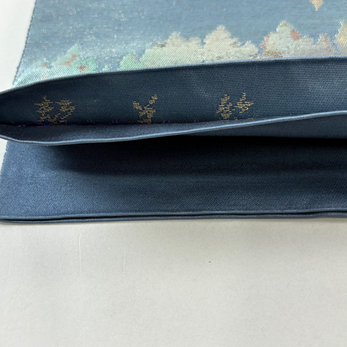 【美品】 袋帶 秀品級 有落款 菊花花 観世水 金金箔 金絲 青紫 六通 純蠶絲