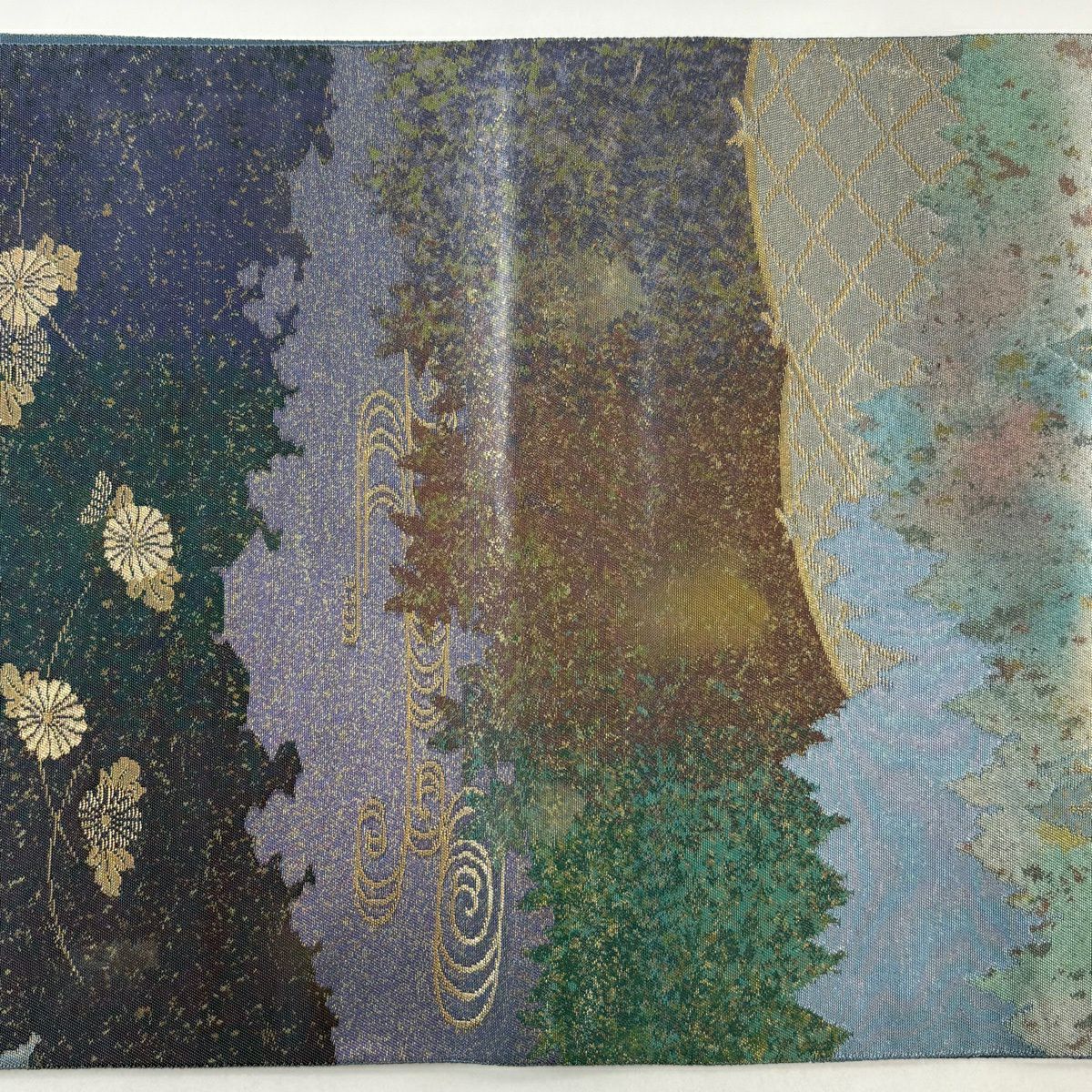 【美品】 袋帶 秀品級 有落款 菊花花 観世水 金金箔 金絲 青紫 六通 純蠶絲