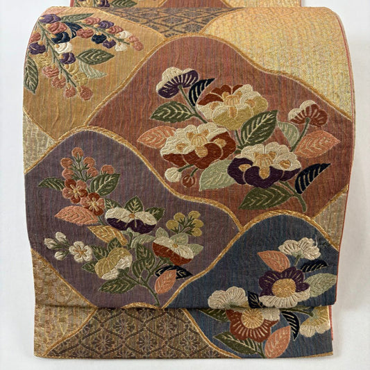 袋帶 秀品級 草花紋 紋 花菱 唐織 金絲 紅茶 六通 純蠶絲