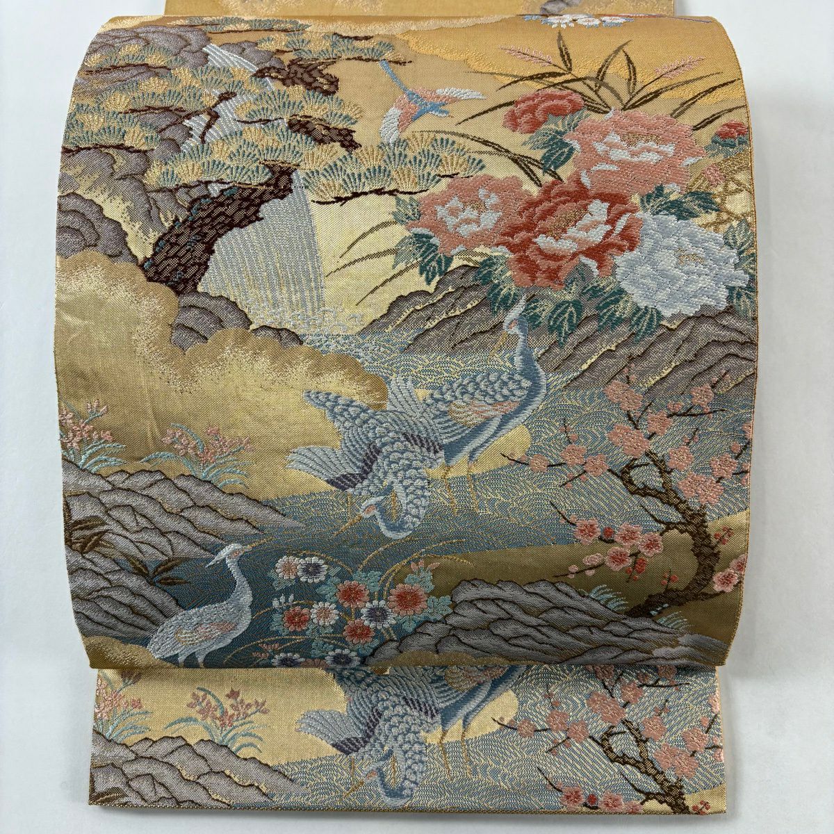 【美品】 袋帶 秀品級 關西仕立 牡丹花鳥圖 金金箔 金絲 金 六通 純蠶絲