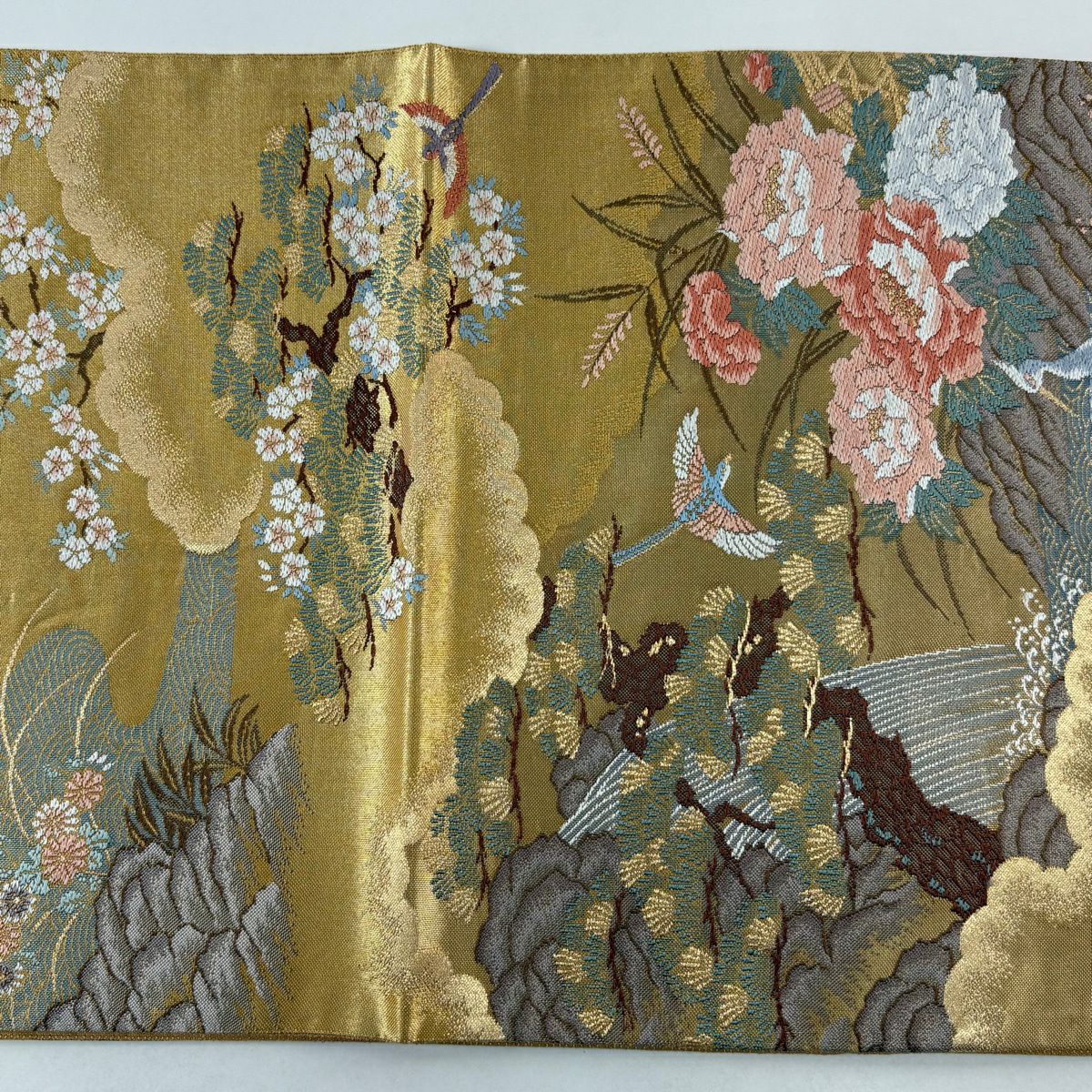 【美品】 袋帶 秀品級 關西仕立 牡丹花鳥圖 金金箔 金絲 金 六通 純蠶絲