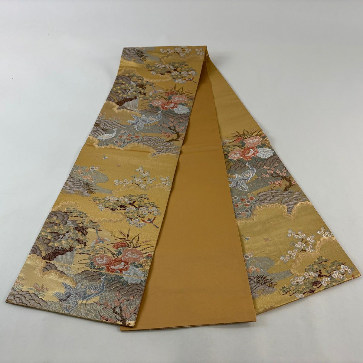 【美品】 袋帶 秀品級 關西仕立 牡丹花鳥圖 金金箔 金絲 金 六通 純蠶絲
