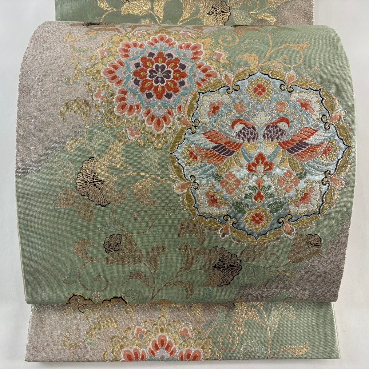 【美品】 袋帶 秀品級 華紋 向鳥 唐織 金金箔 淺綠 六通 純蠶絲