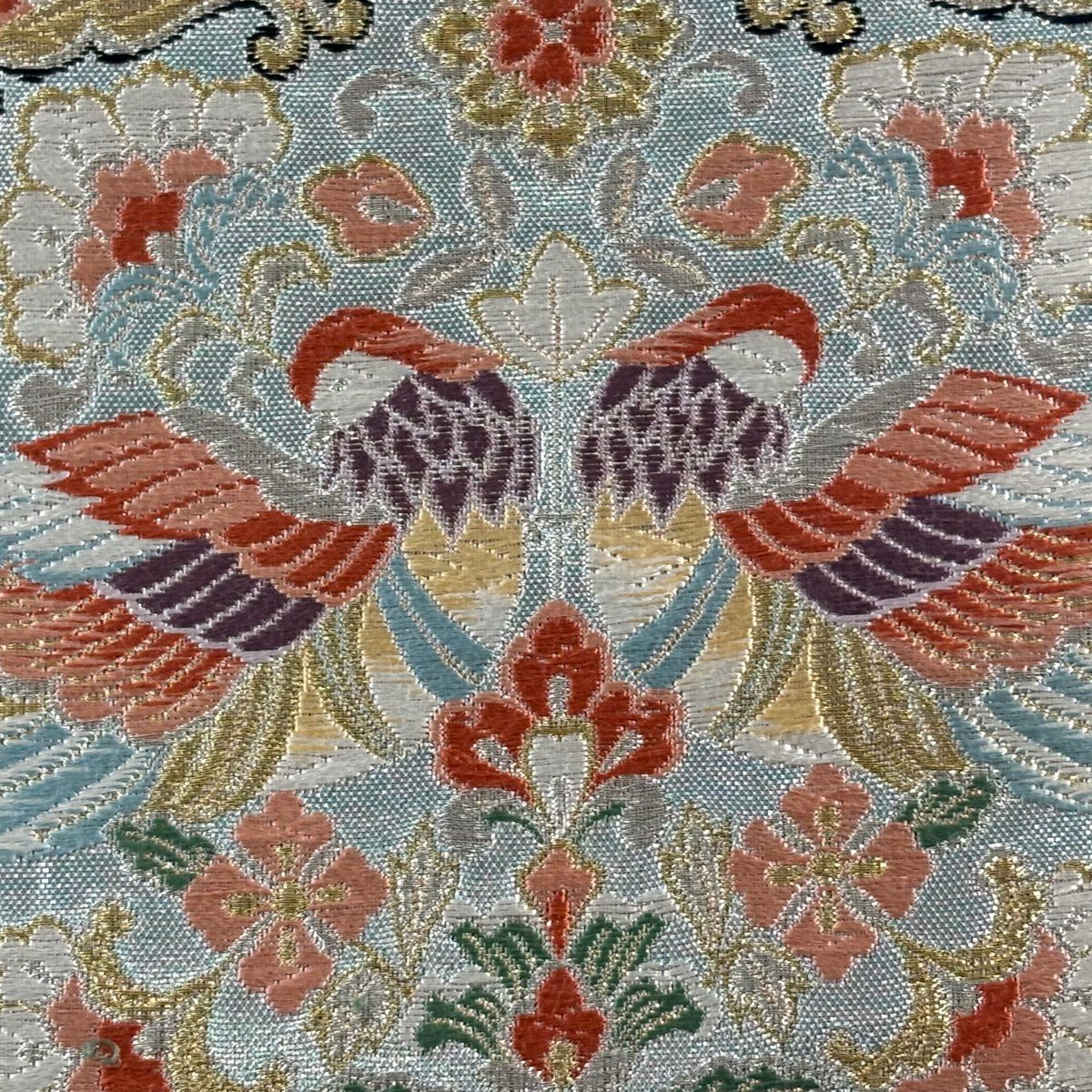 【美品】 袋帶 秀品級 華紋 向鳥 唐織 金金箔 淺綠 六通 純蠶絲