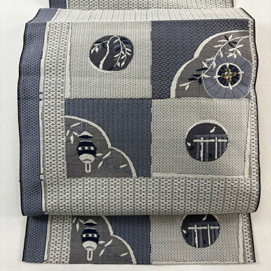 名古屋帶 秀品級 八寸名古屋帶 松樹葉仕立 番傘 柳 金絲 灰色 純蠶絲