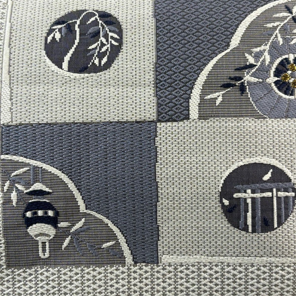 名古屋帶 秀品級 八寸名古屋帶 松樹葉仕立 番傘 柳 金絲 灰色 純蠶絲