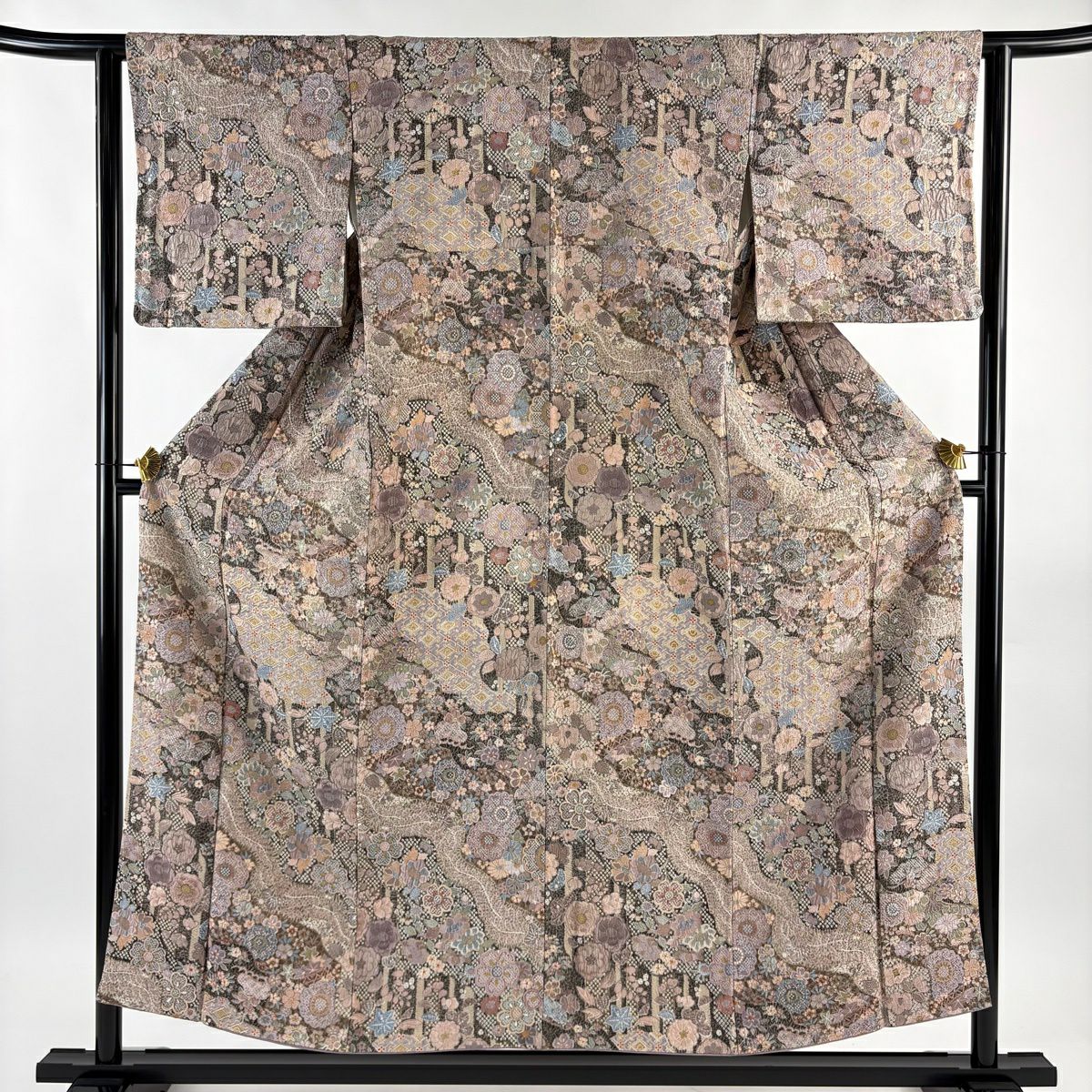 【美品】 小紋 身長154cm 袖長62cm S 雙層 草花紋紋 流水刺繡 絞染 灰紫 純蠶絲 名品級
