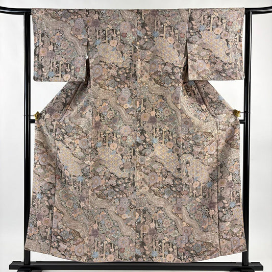 【美品】 小紋 身長154cm 袖長62cm S 雙層 草花紋紋 流水刺繡 絞染 灰紫 純蠶絲 名品級