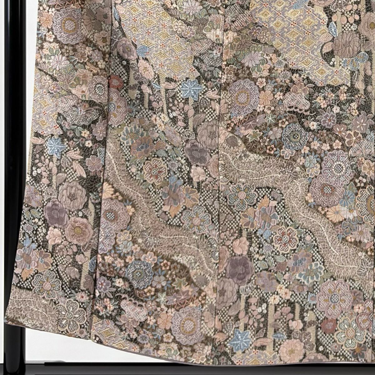 【美品】 小紋 身長154cm 袖長62cm S 雙層 草花紋紋 流水刺繡 絞染 灰紫 純蠶絲 名品級