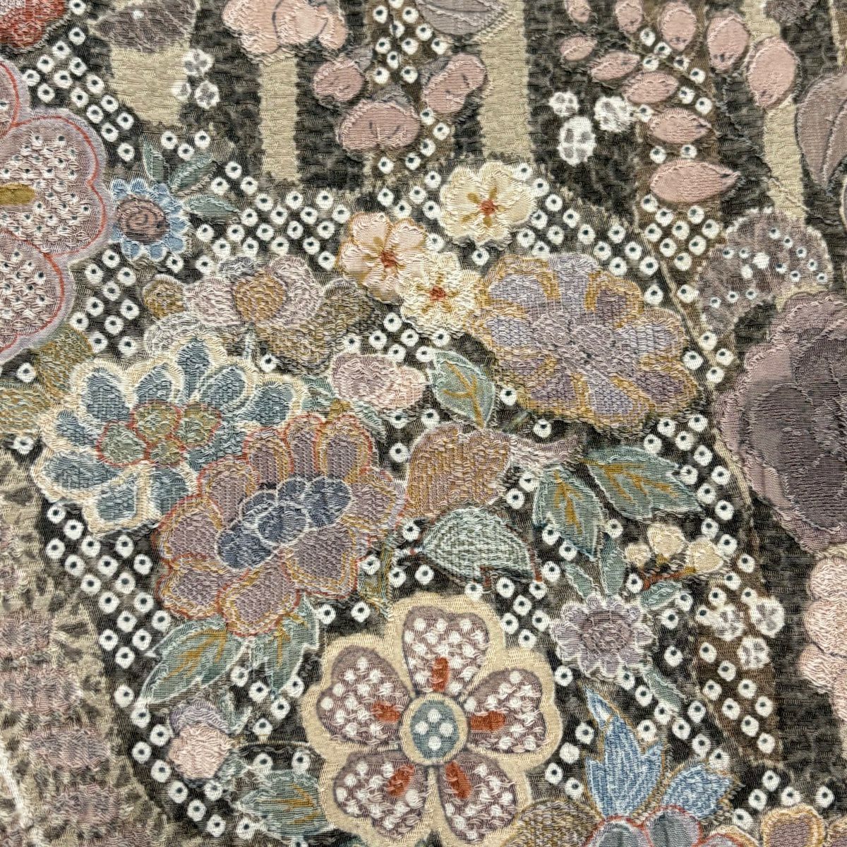 【美品】 小紋 身長154cm 袖長62cm S 雙層 草花紋紋 流水刺繡 絞染 灰紫 純蠶絲 名品級