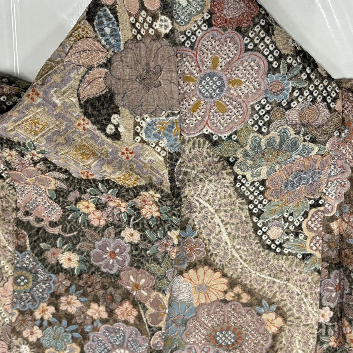 【美品】 小紋 身長154cm 袖長62cm S 雙層 草花紋紋 流水刺繡 絞染 灰紫 純蠶絲 名品級