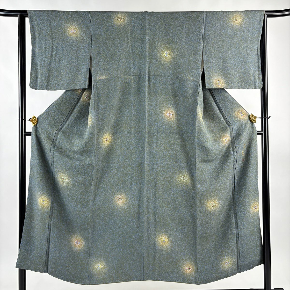 【美品】 小紋 身長150cm 袖長62.5cm S 雙層 松樹井青青 落款あり 幾何學 金銀彩 漸層 茶綠 純蠶絲 名品級