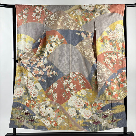 振袖禮服 身長152cm 袖長63cm S 雙層 牡丹 楓 金絲 金銀彩 灰茶 純蠶絲 名品級