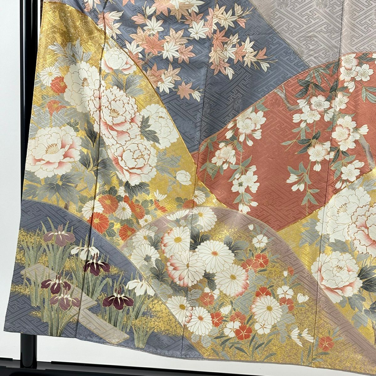 振袖禮服 身長152cm 袖長63cm S 雙層 牡丹 楓 金絲 金銀彩 灰茶 純蠶絲 名品級