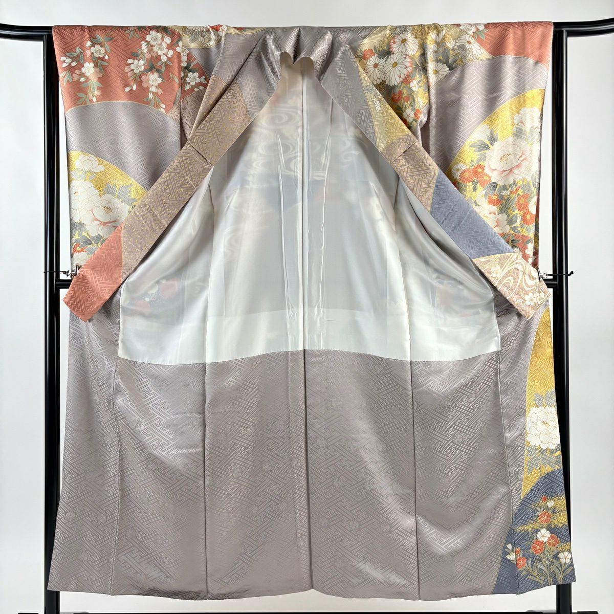 振袖禮服 身長152cm 袖長63cm S 雙層 牡丹 楓 金絲 金銀彩 灰茶 純蠶絲 名品級