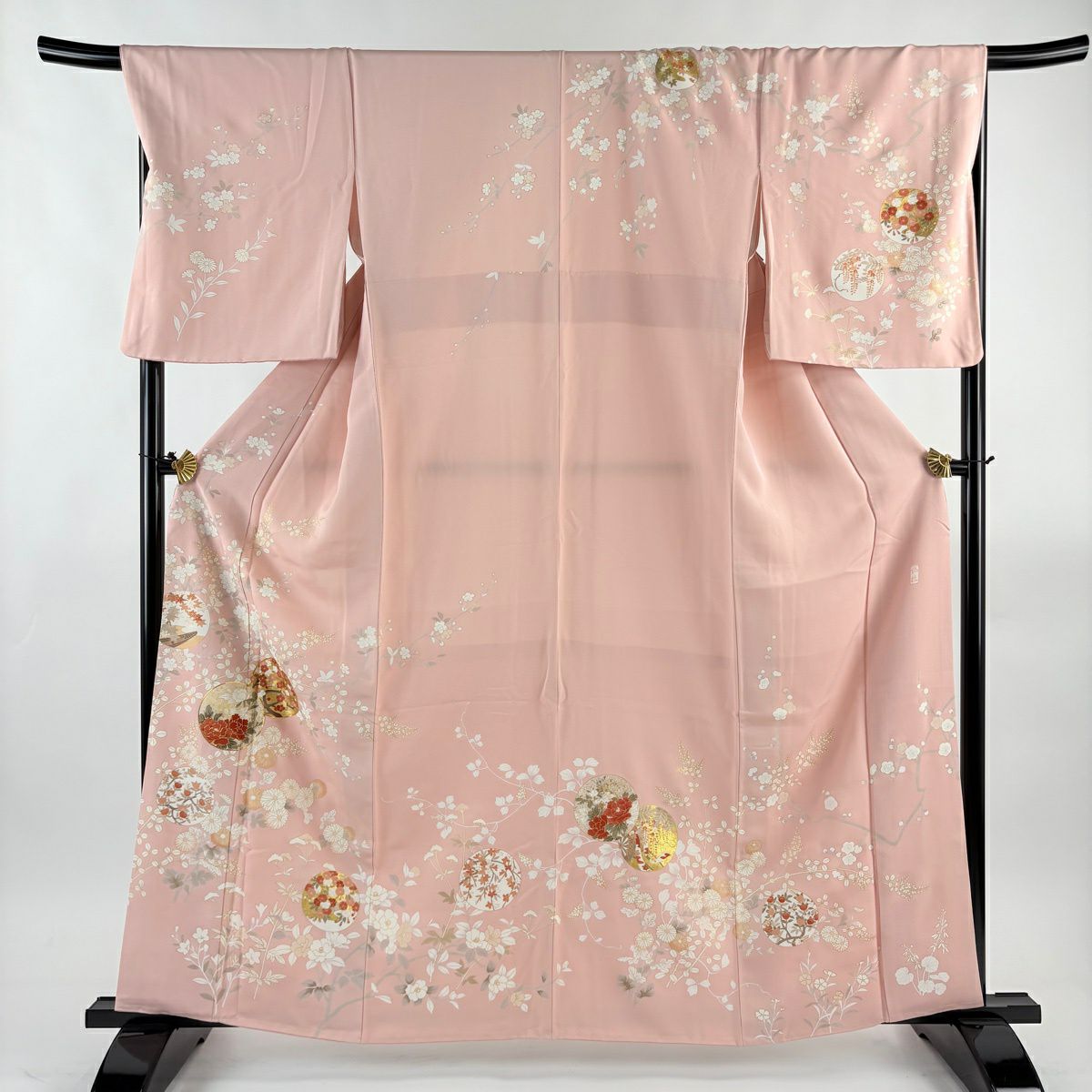 訪問服 身長161cm 袖長68.5cm L 雙層 吾妻德穗 落款あり 圓文 草花紋紋 金絲 金銀彩 粉紅 純蠶絲 名品級