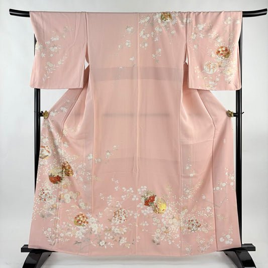 訪問服 身長161cm 袖長68.5cm L 雙層 吾妻德穗 落款あり 圓文 草花紋紋 金絲 金銀彩 粉紅 純蠶絲 名品級