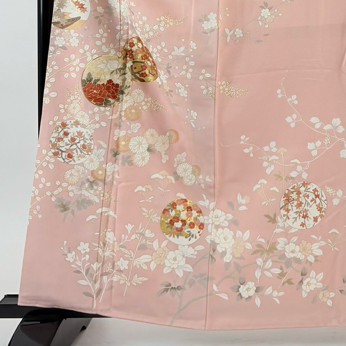訪問服 身長161cm 袖長68.5cm L 雙層 吾妻德穗 落款あり 圓文 草花紋紋 金絲 金銀彩 粉紅 純蠶絲 名品級