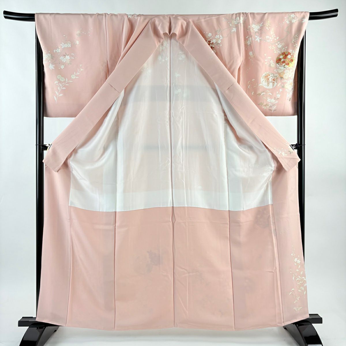 訪問服 身長161cm 袖長68.5cm L 雙層 吾妻德穗 落款あり 圓文 草花紋紋 金絲 金銀彩 粉紅 純蠶絲 名品級