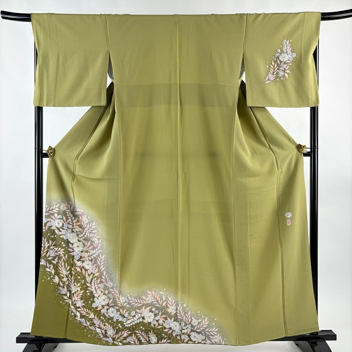 付下 身長159cm 袖長67cm M 雙層 翠山工房 大和 落款あり 辻花染 漸層 鶯色 純蠶絲 名品級 一つ紋