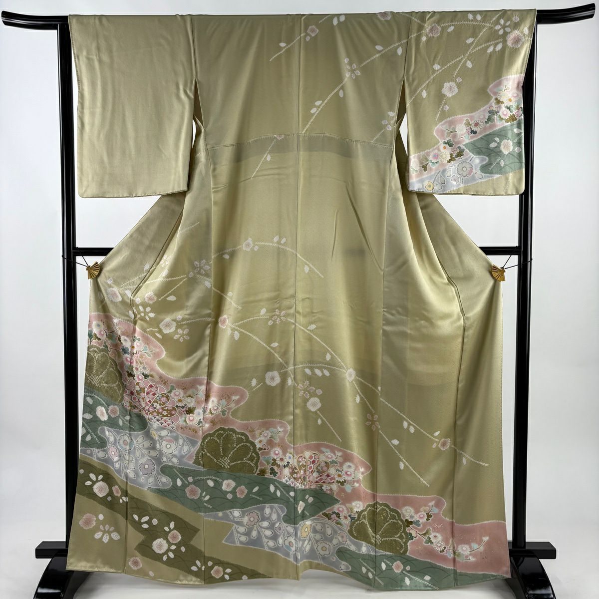 訪問服 身長165.5cm 袖長65cm M 雙層 草花紋紋 霞 金彩裝飾 淺綠 純蠶絲 秀品級