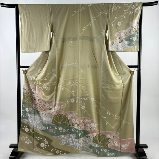 訪問服 身長165.5cm 袖長65cm M 雙層 草花紋紋 霞 金彩裝飾 淺綠 純蠶絲 秀品級