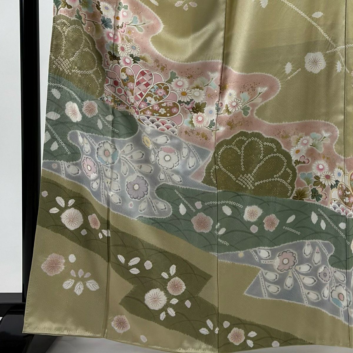 訪問服 身長165.5cm 袖長65cm M 雙層 草花紋紋 霞 金彩裝飾 淺綠 純蠶絲 秀品級