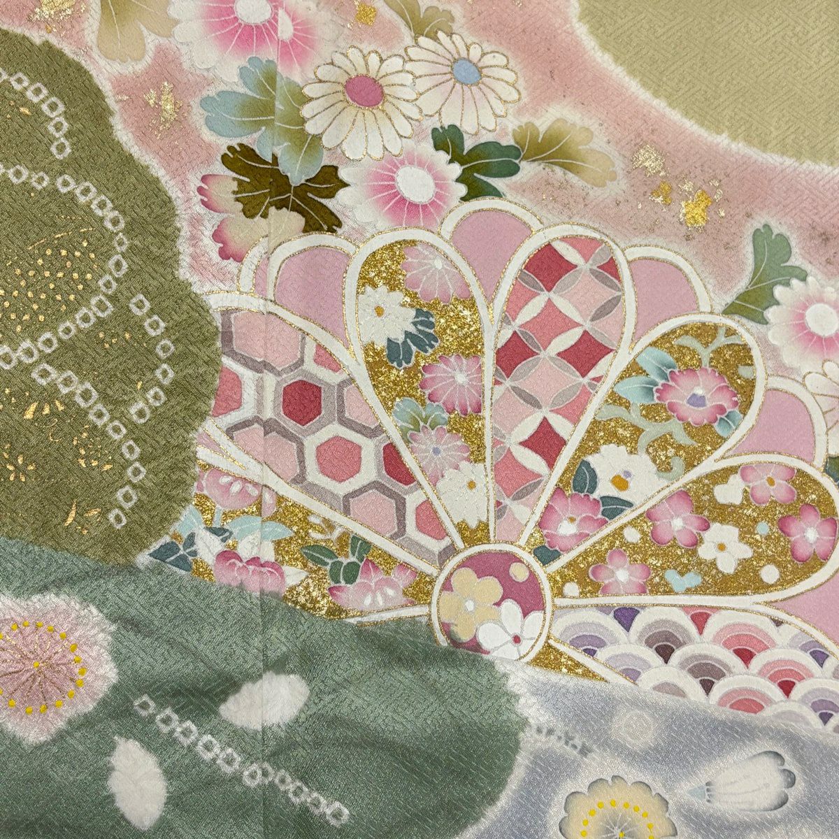訪問服 身長165.5cm 袖長65cm M 雙層 草花紋紋 霞 金彩裝飾 淺綠 純蠶絲 秀品級