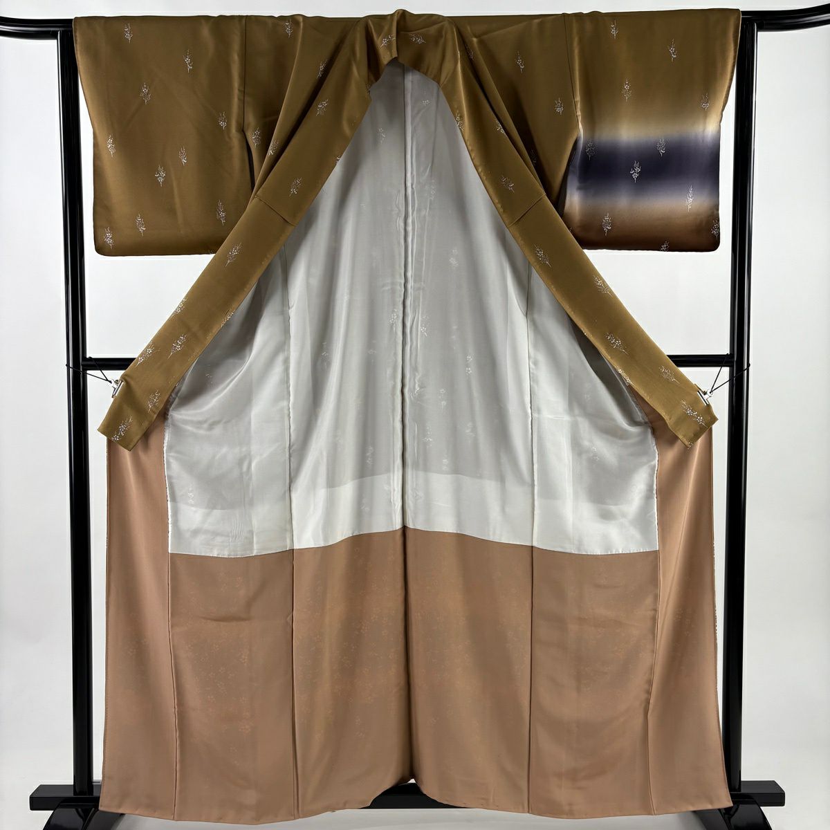 【美品】 付下 身長160cm 袖長63.5cm S 雙層 枝梅花 漸層 染分 茶 純蠶絲 優品級