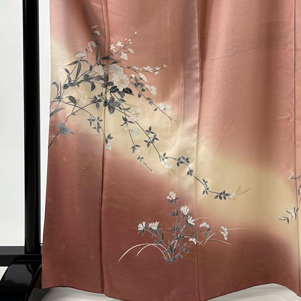付下 身長166.5cm 袖長68cm L 雙層 枝花 螺鈿 金銀彩 粉紅 純蠶絲 優品級
