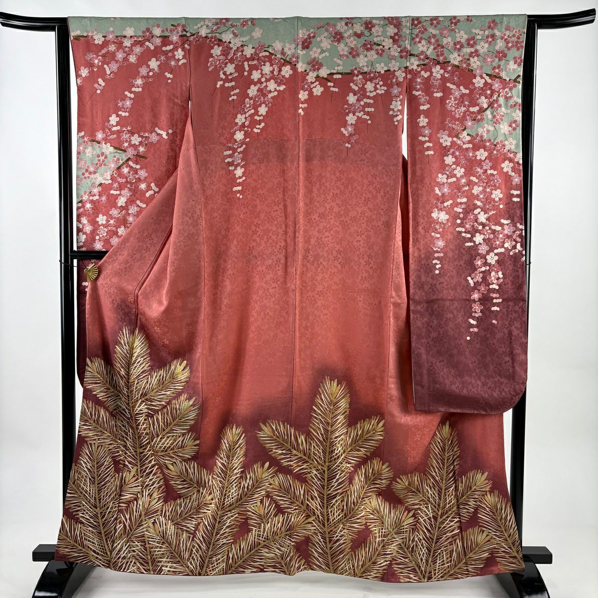 【美品】振袖禮服 身長163.5cm 袖長63cm S 雙層 岩田專太郎 落款あり 松樹 梅花 金絲 金銀彩 粉色 純蠶絲 秀品級