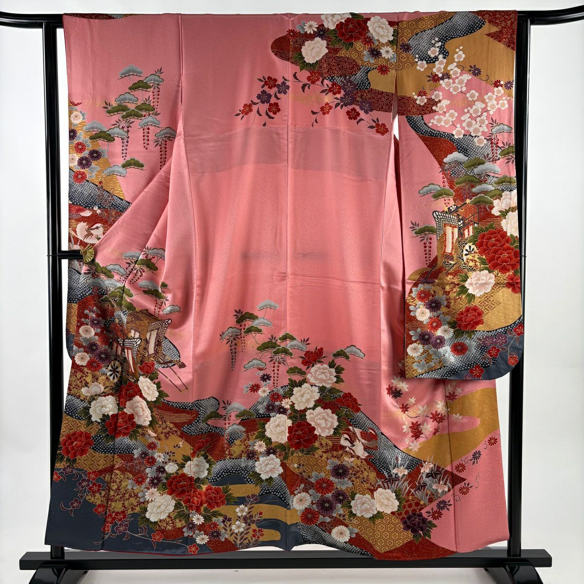 振袖禮服 身長155cm 袖長62.5cm S 雙層 御所車 牡丹 金彩裝飾 粉紅 純蠶絲 秀品級