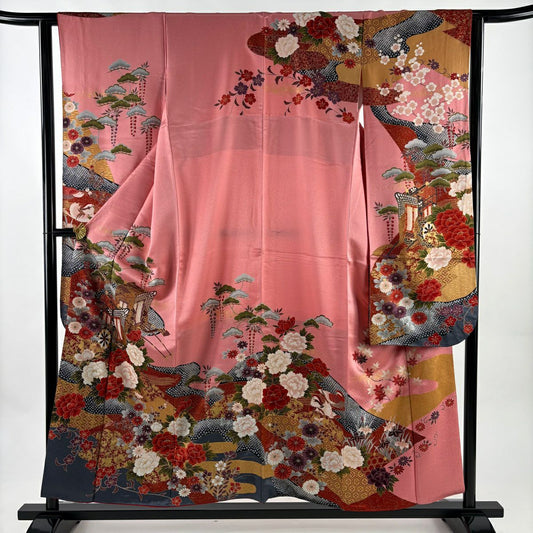振袖禮服 身長155cm 袖長62.5cm S 雙層 御所車 牡丹 金彩裝飾 粉紅 純蠶絲 秀品級
