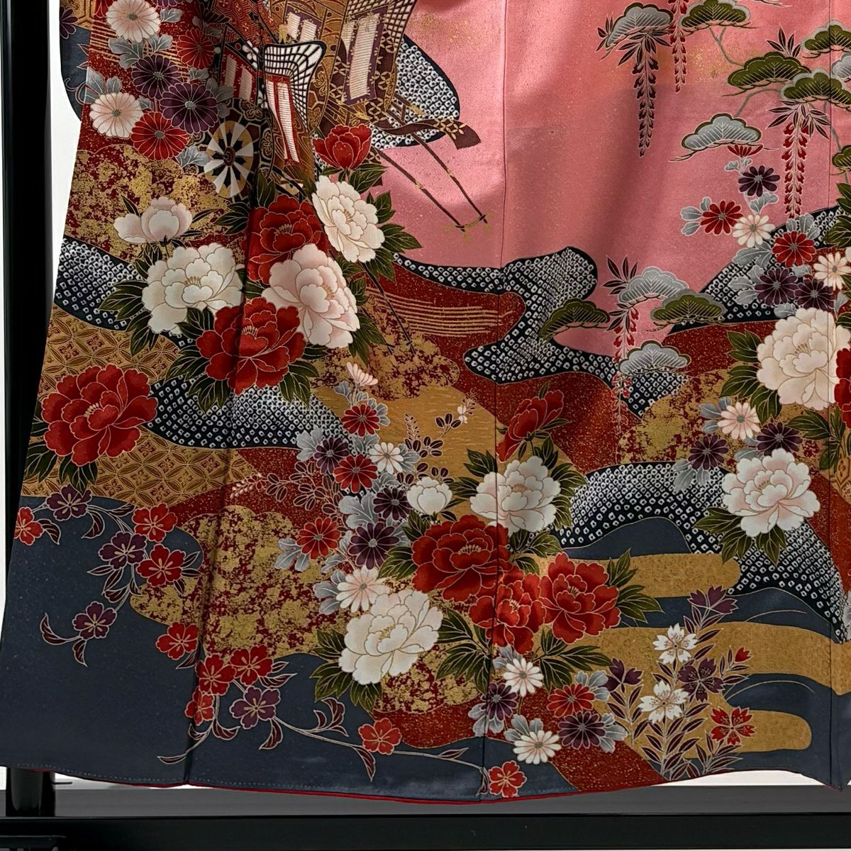 振袖禮服 身長155cm 袖長62.5cm S 雙層 御所車 牡丹 金彩裝飾 粉紅 純蠶絲 秀品級
