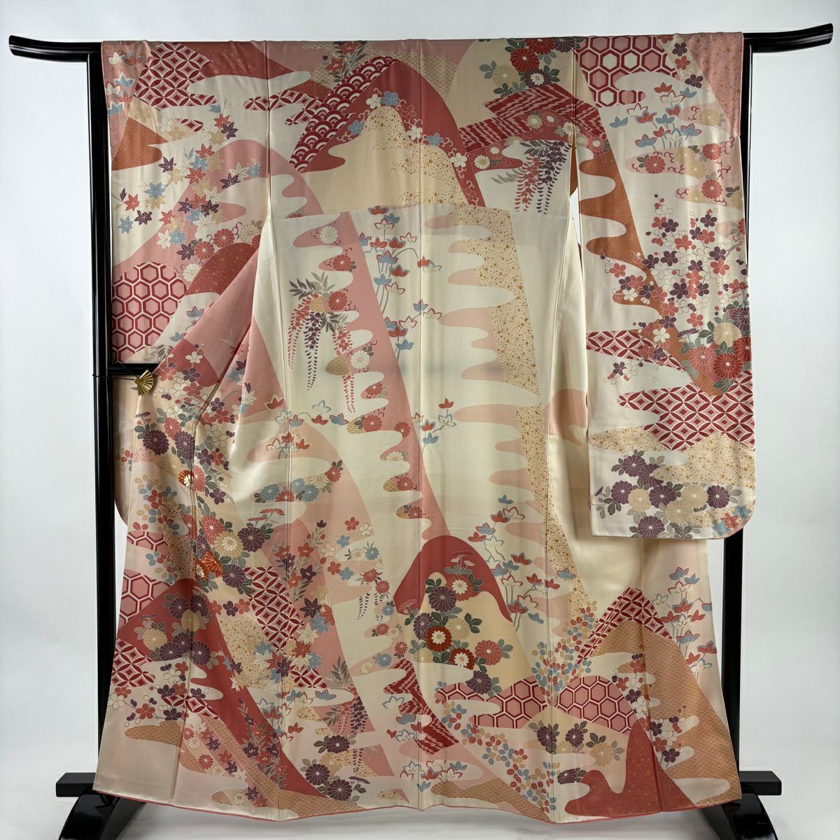 振袖禮服 身長160.5cm 袖長64cm M 雙層 草花紋紋 七寶紋 金絲 金銀彩 粉米色 純蠶絲 優品級