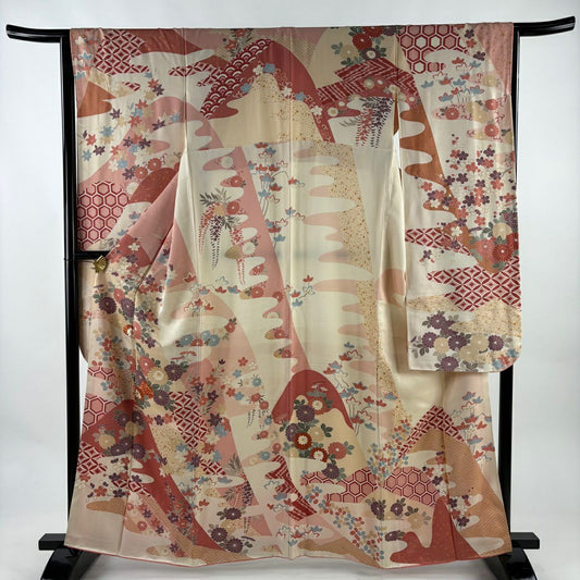 振袖禮服 身長160.5cm 袖長64cm M 雙層 草花紋紋 七寶紋 金絲 金銀彩 粉米色 純蠶絲 優品級