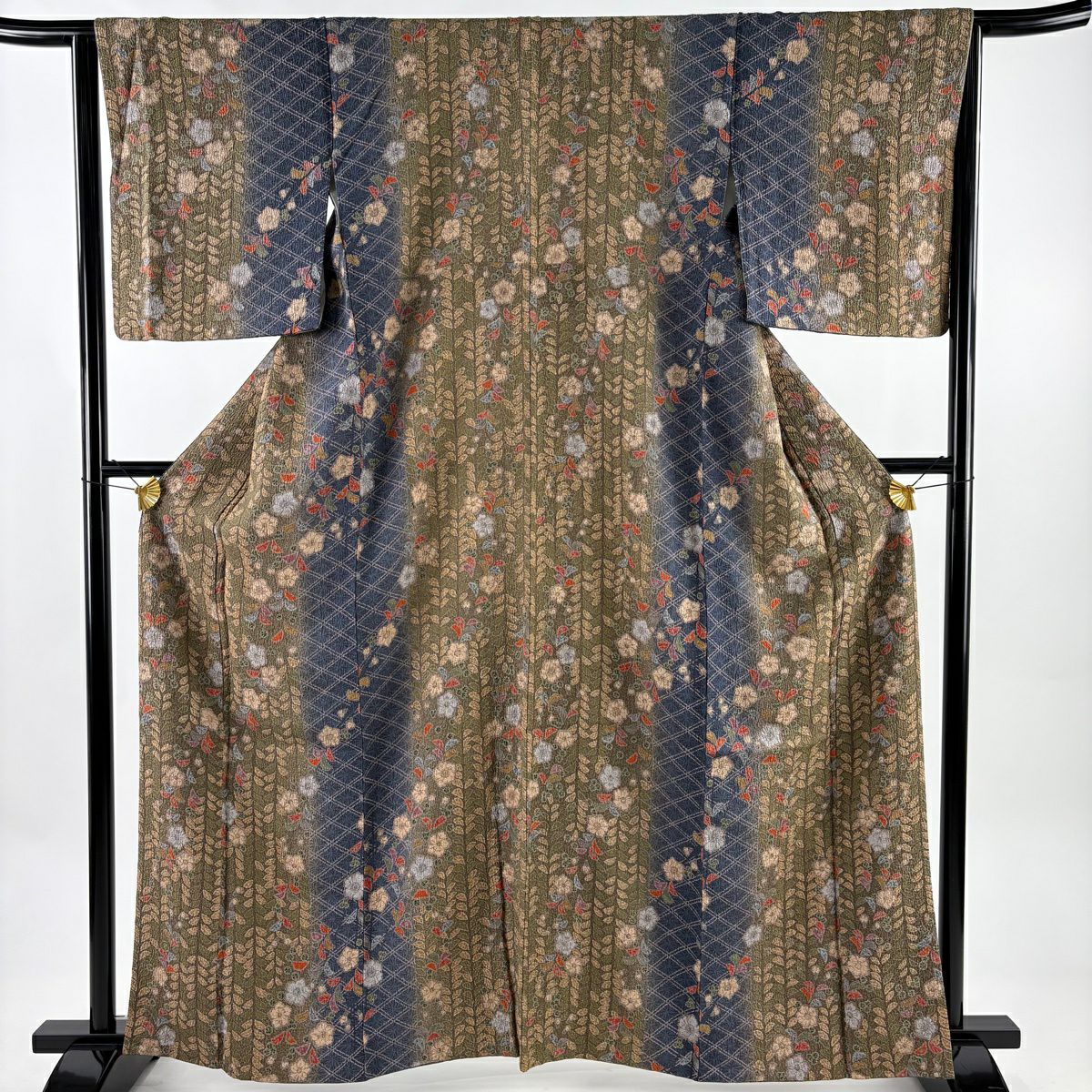 【美品】 小紋 身長161.5cm 袖長65cm M 雙層 草花紋紋 菱 茶綠 純蠶絲 秀品級
