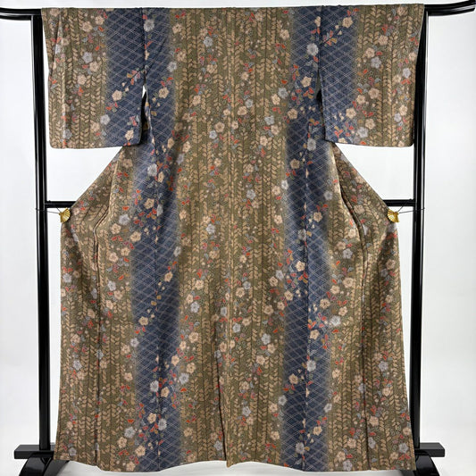 【美品】 小紋 身長161.5cm 袖長65cm M 雙層 草花紋紋 菱 茶綠 純蠶絲 秀品級