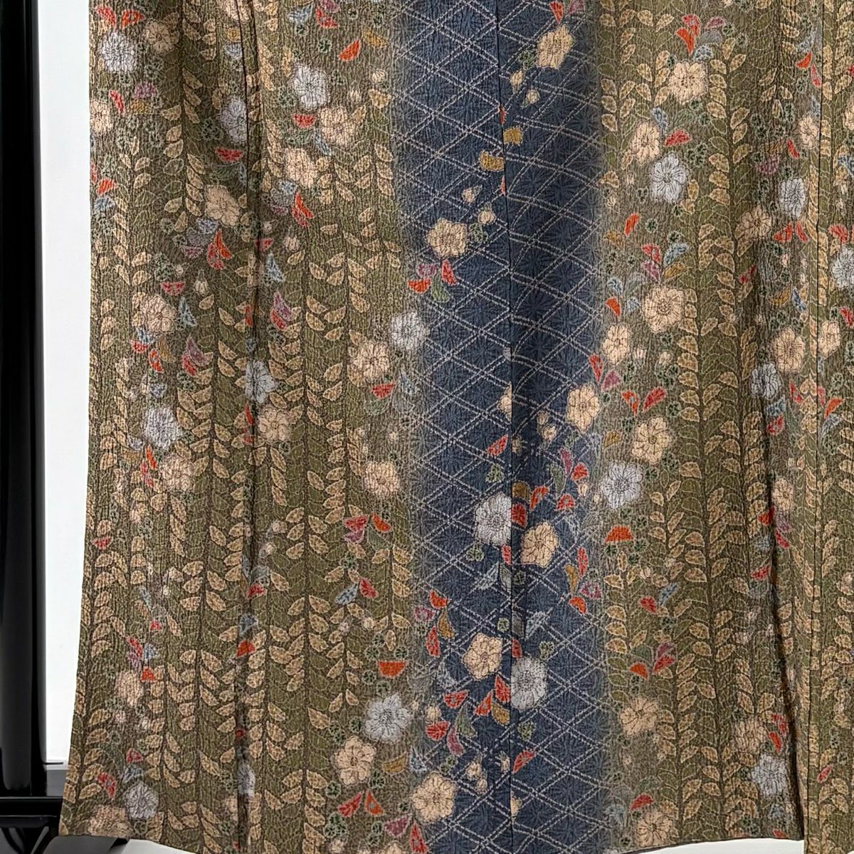 【美品】 小紋 身長161.5cm 袖長65cm M 雙層 草花紋紋 菱 茶綠 純蠶絲 秀品級