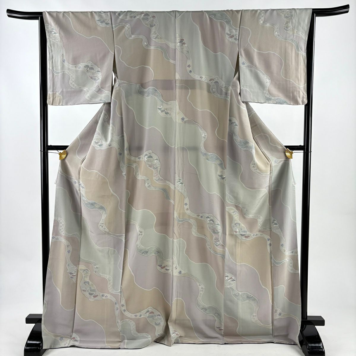 【美品】 小紋 身長171cm 袖長65cm M 雙層 片輪車 松樹 刺繡 灰紫 純蠶絲 秀品級