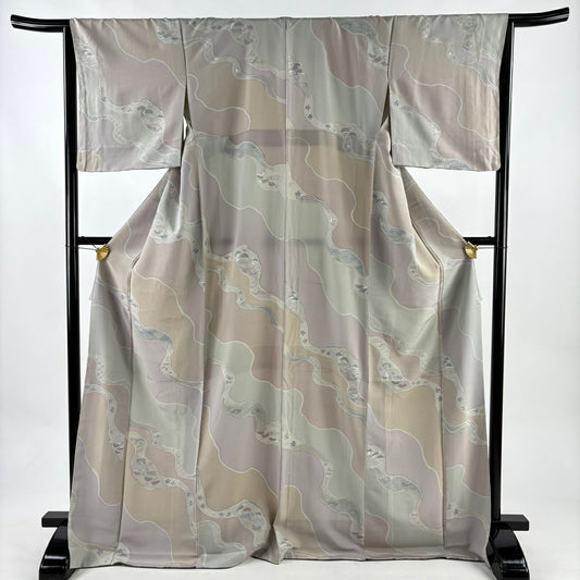 【美品】 小紋 身長171cm 袖長65cm M 雙層 片輪車 松樹 刺繡 灰紫 純蠶絲 秀品級
