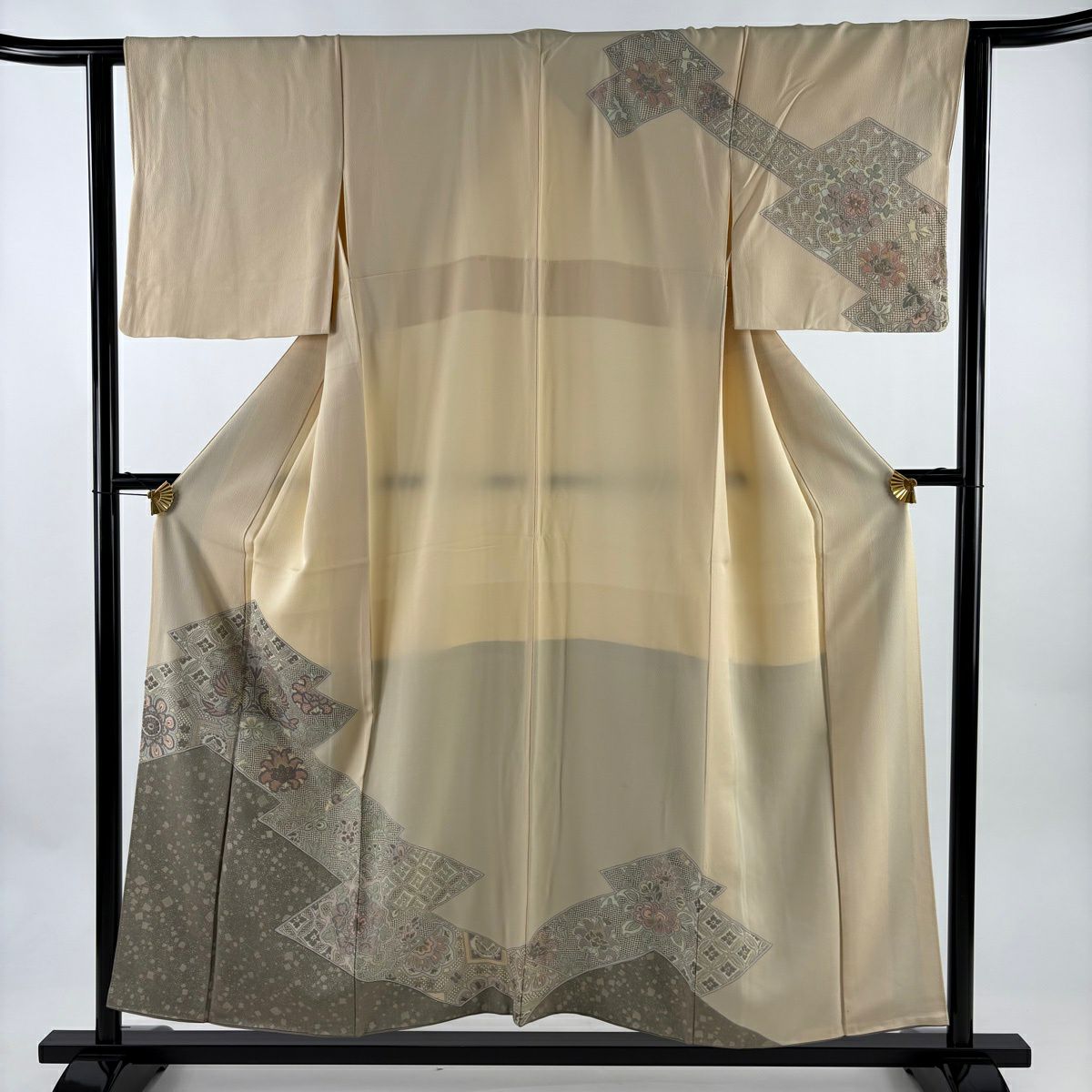 訪問服 身長154.5cm 袖長62.5cm S 雙層 向鳥 草花紋紋 金銀彩 刺繡 米色 純蠶絲 優品級
