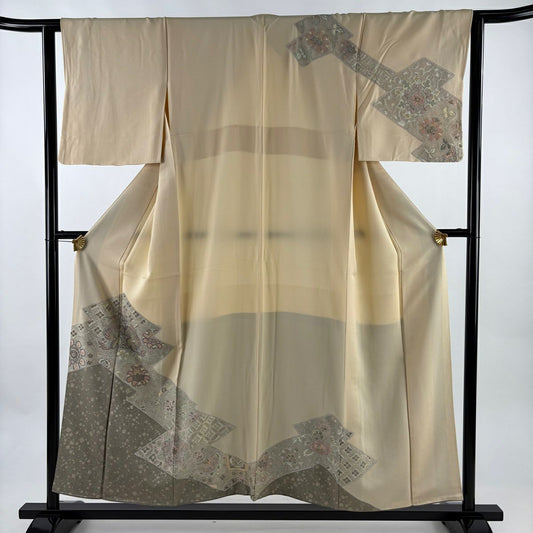 訪問服 身長154.5cm 袖長62.5cm S 雙層 向鳥 草花紋紋 金銀彩 刺繡 米色 純蠶絲 優品級