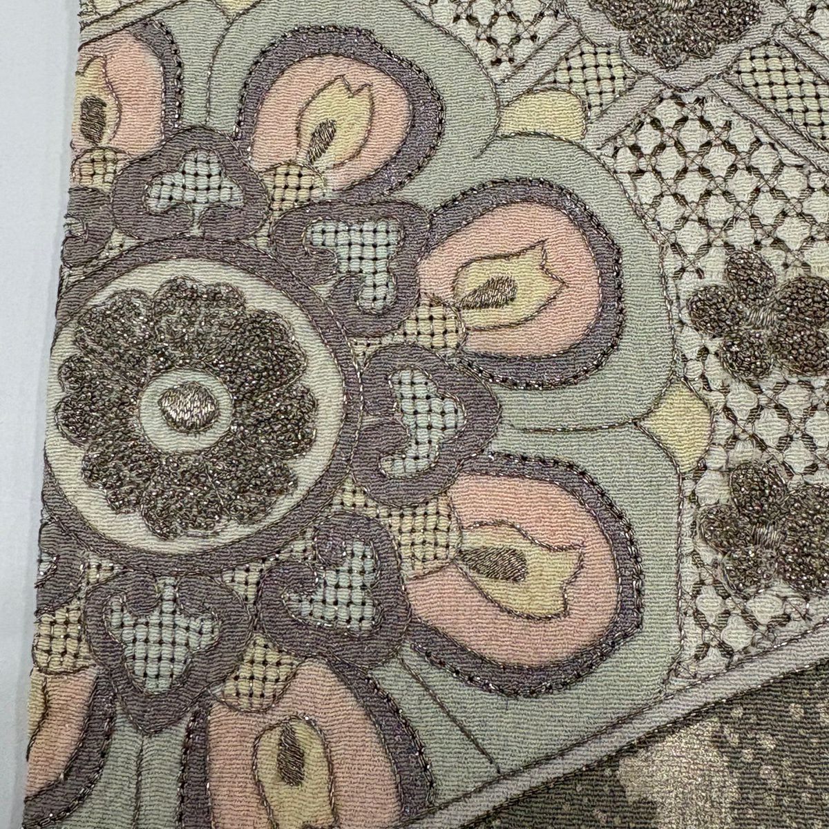 訪問服 身長154.5cm 袖長62.5cm S 雙層 向鳥 草花紋紋 金銀彩 刺繡 米色 純蠶絲 優品級