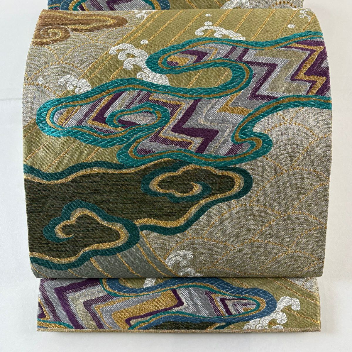 【美品】 袋帶 名品級 關西仕立 雲紋 波頭 金銀線 金金箔 灰綠 六通 純蠶絲